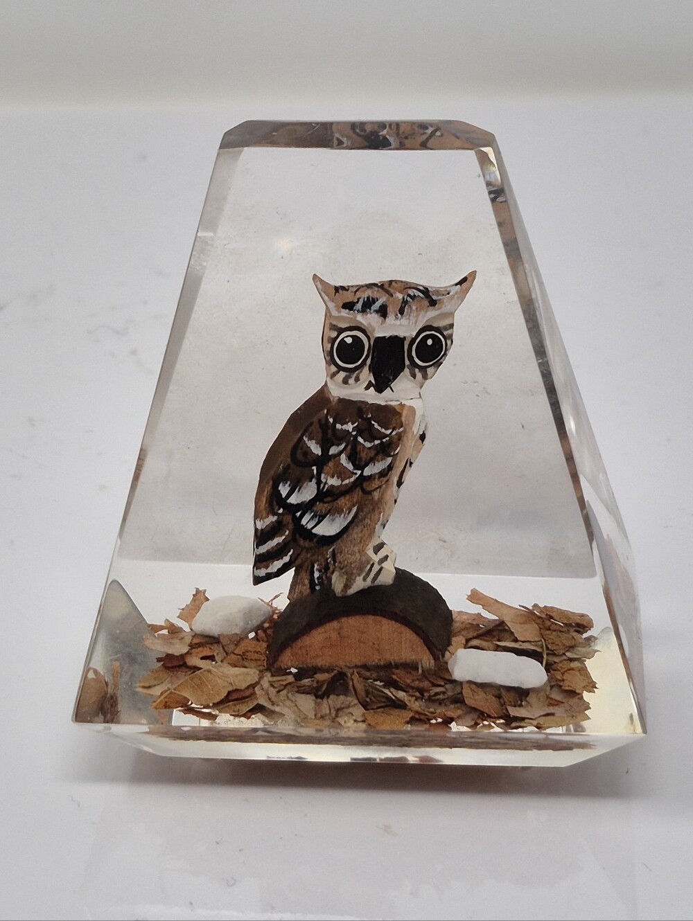 Vintage Lucite Paperweight With Hand Painted Wooden Owl Insids